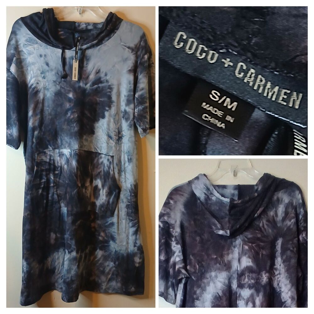 Coco & Carmen Dress Sz M Gray Black Tiedye Hoodie Stretch Shirt-Dress NWT
